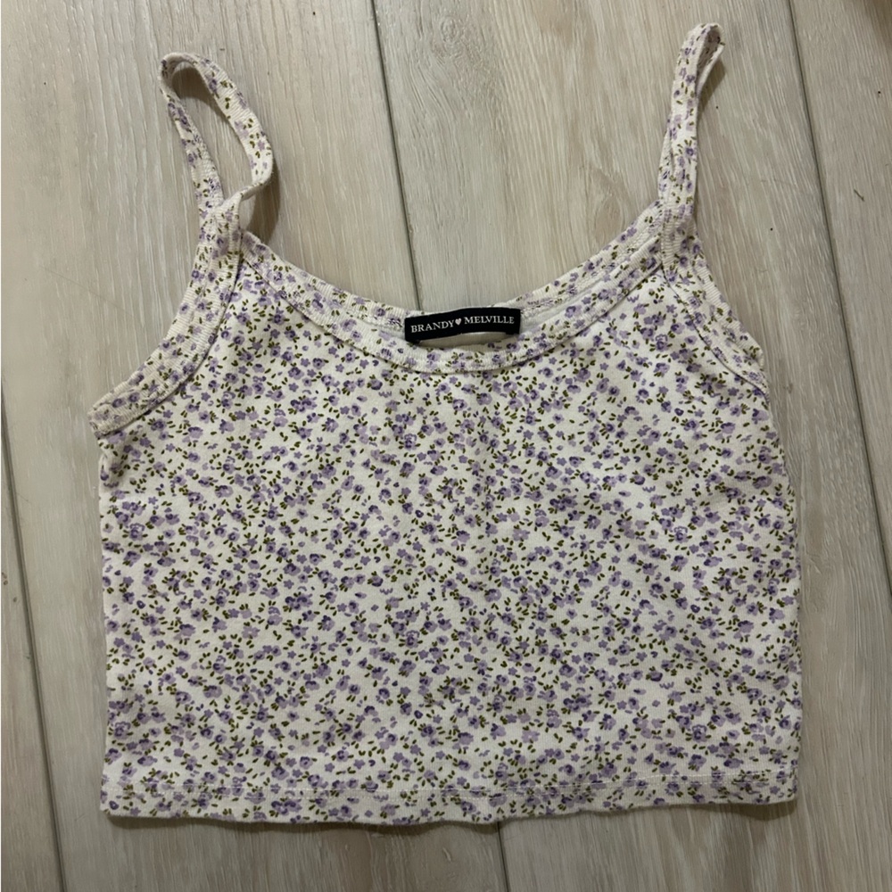Brandy Melville Purple and White Floral Tank Top